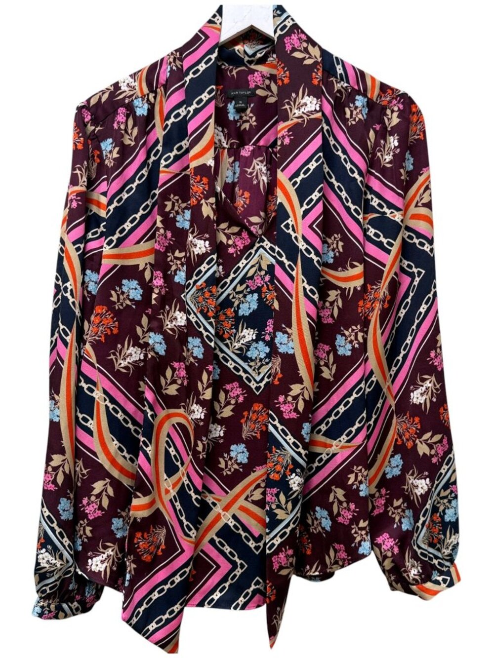 Ann Taylor Bow Blouse XL Burgundy Floral Link Print Career Office Womens Top - Picture 5 of 8